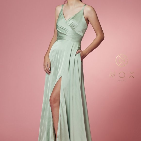 SAGE COLOR SATIN OPEN BACK PROM PARTY A-LINE LONG GOWN DRESS NX1020 - Picture 7 of 7